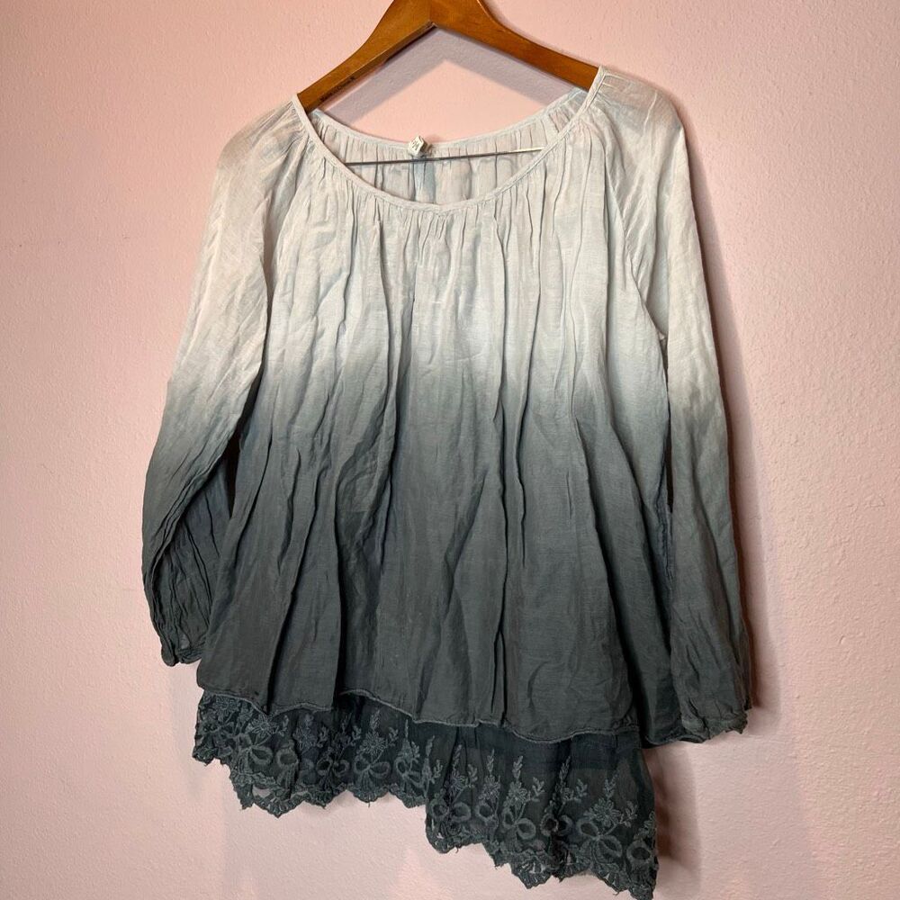 Raga Anthropologie Top Womens Gray Ombre Semi Sheer Lace Trim Boho Peasant